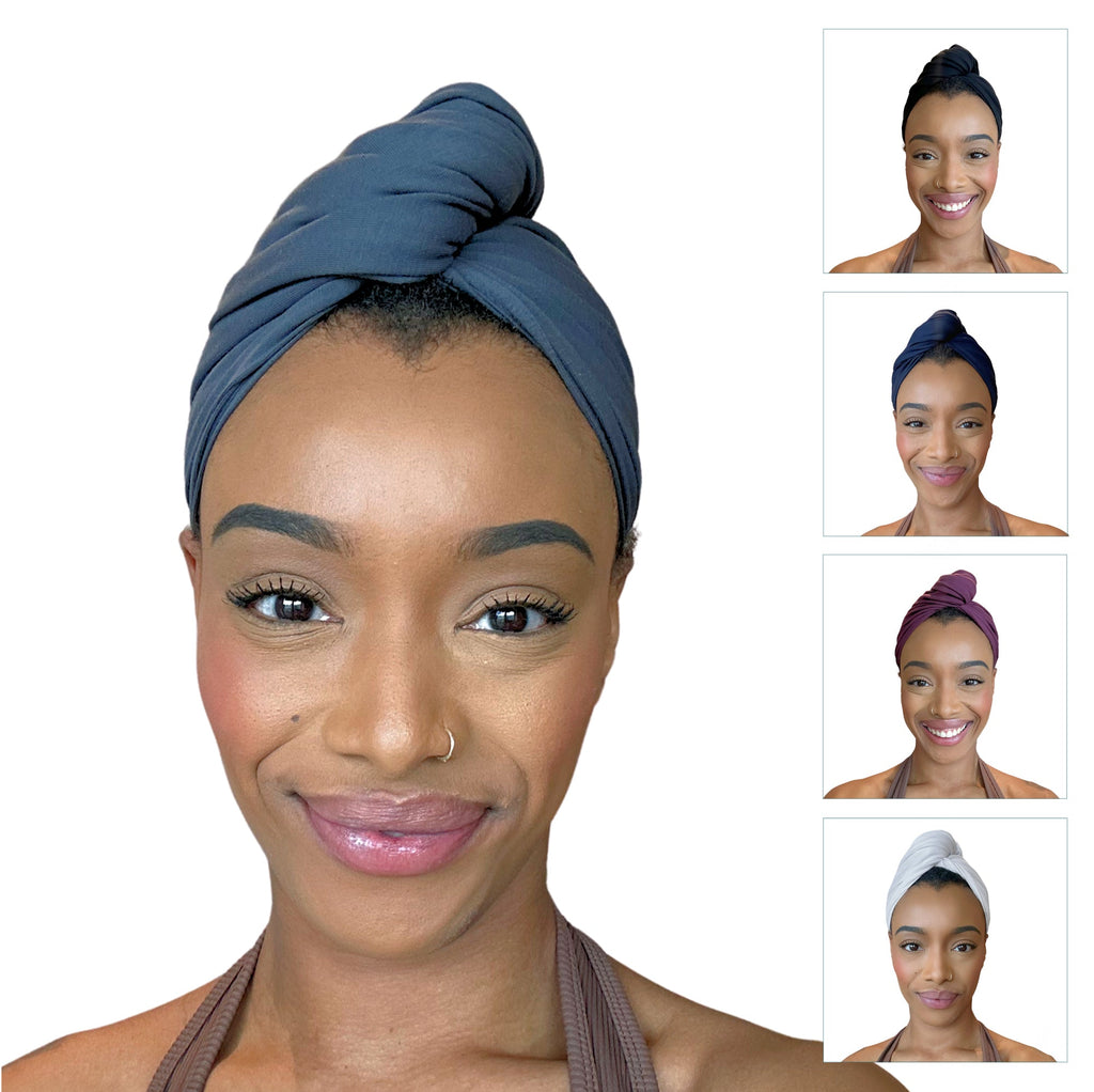 A woman with a headscarf demonstrates multiple ways to style The Classics scarf from Good Wash Day, as shown by the smaller images around her.