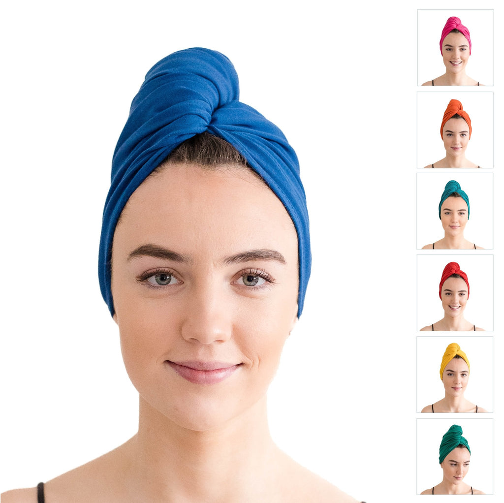 A woman wearing a blue head wrap, handmade from organic cotton, with inset images showing different color options of The XLs by Good Wash Day.