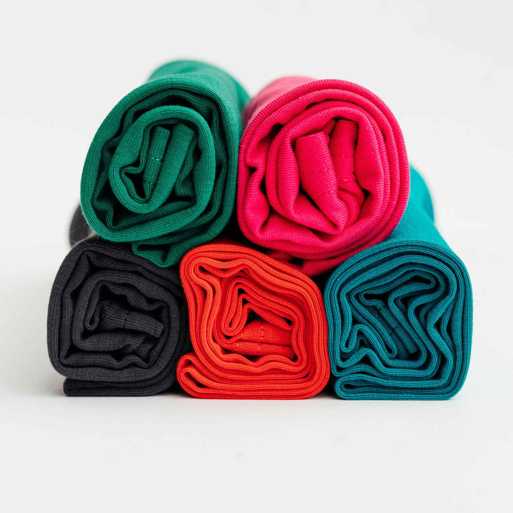 T-shirt hair towel in plum rainbows organic jersey cotton.
