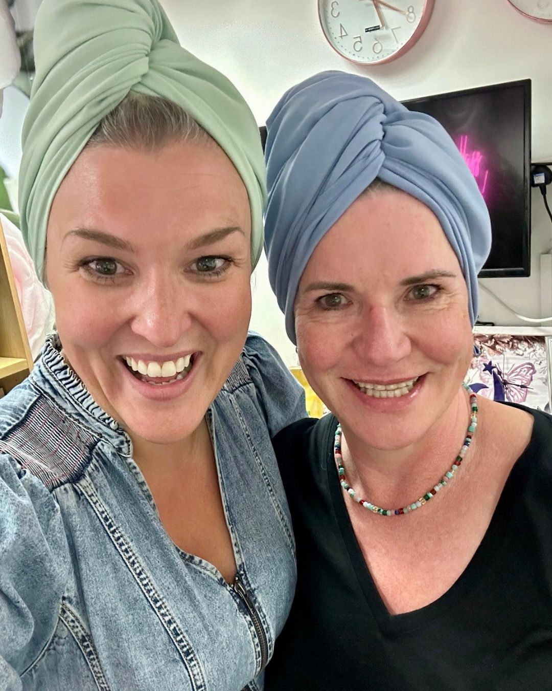 Carla and Sara Davies wearing organic jersey cotton hair towels - Good Wash Day