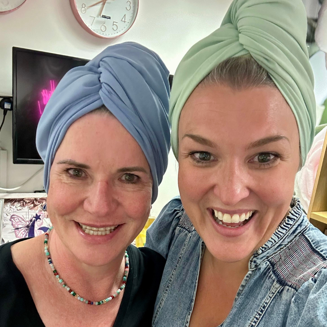 Carla and Sara Davies wearing organic jersey cotton hair towels