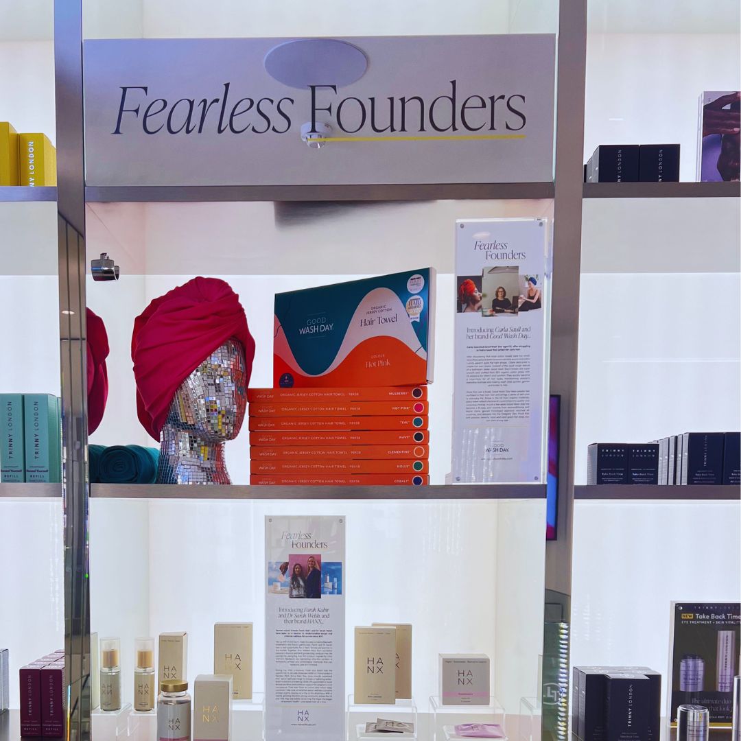 Good Wash Day organic jersey cotton hair towels displayed in the Trinny London Chelsea flagship store