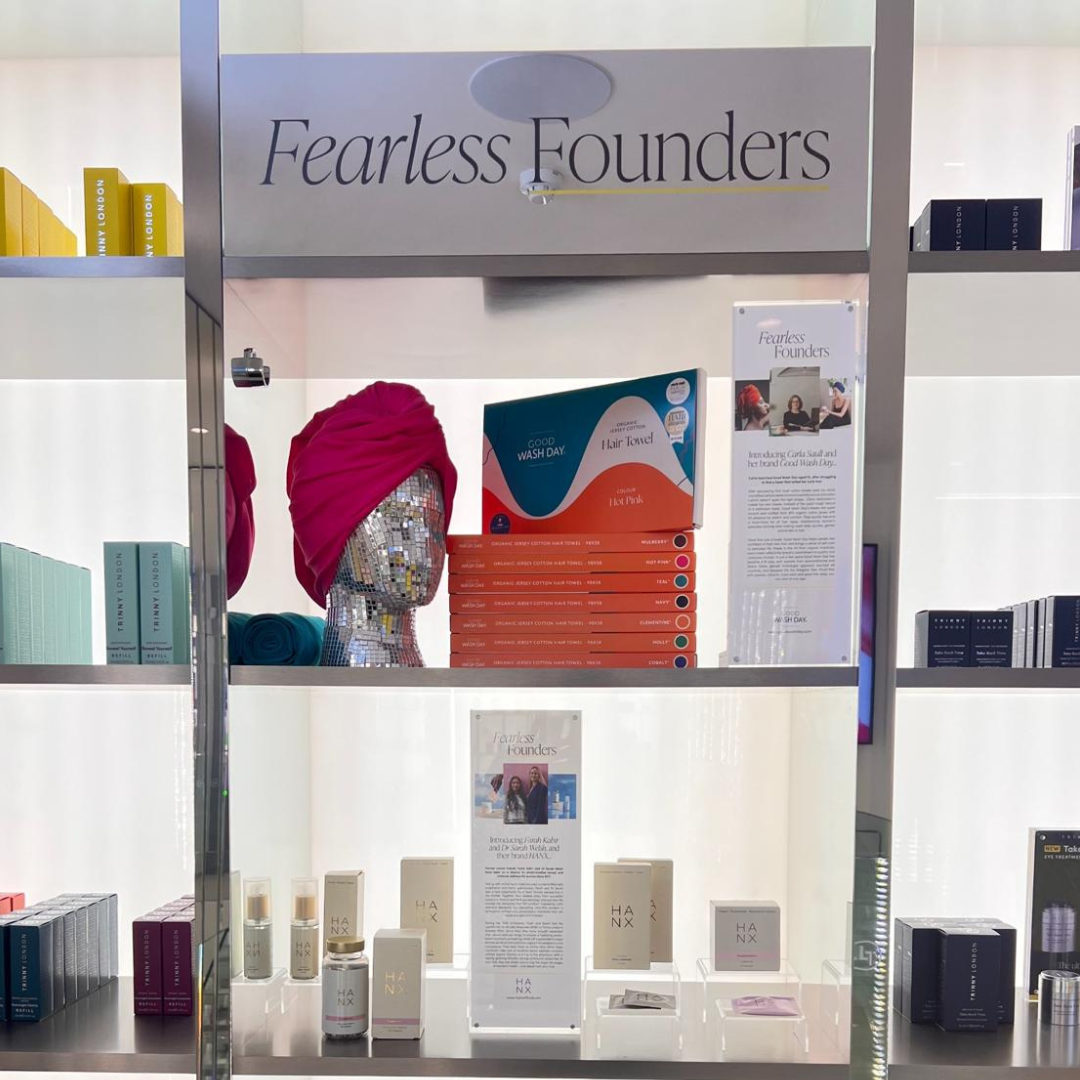 Good Wash Day organic jersey cotton hair towels displayed in the Trinny London Chelsea flagship st