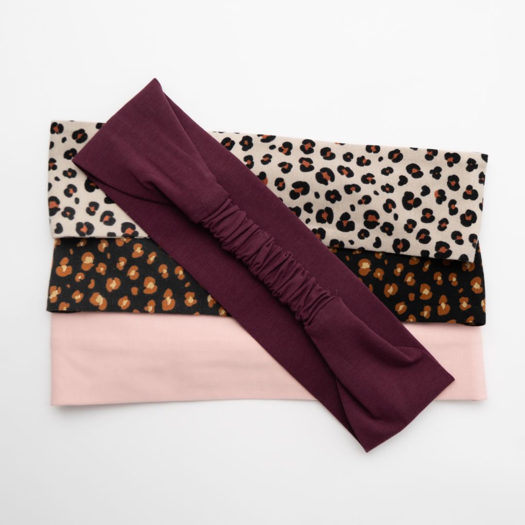 A selection of organic jersey cotton headbands in leopard print fabrics | Good Wash Day