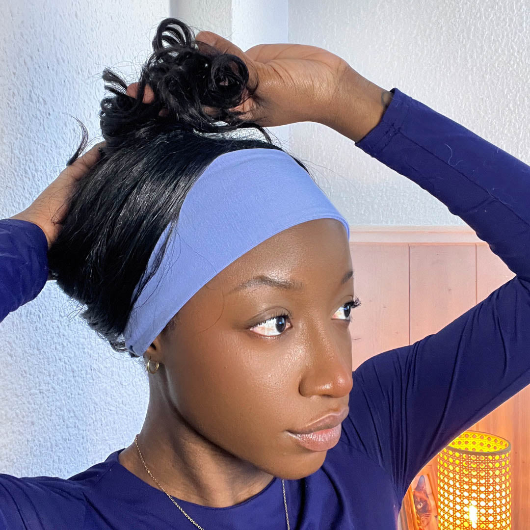 Woman with black hair wearing lavender coloured jersey cotton headband – Good Wash Day