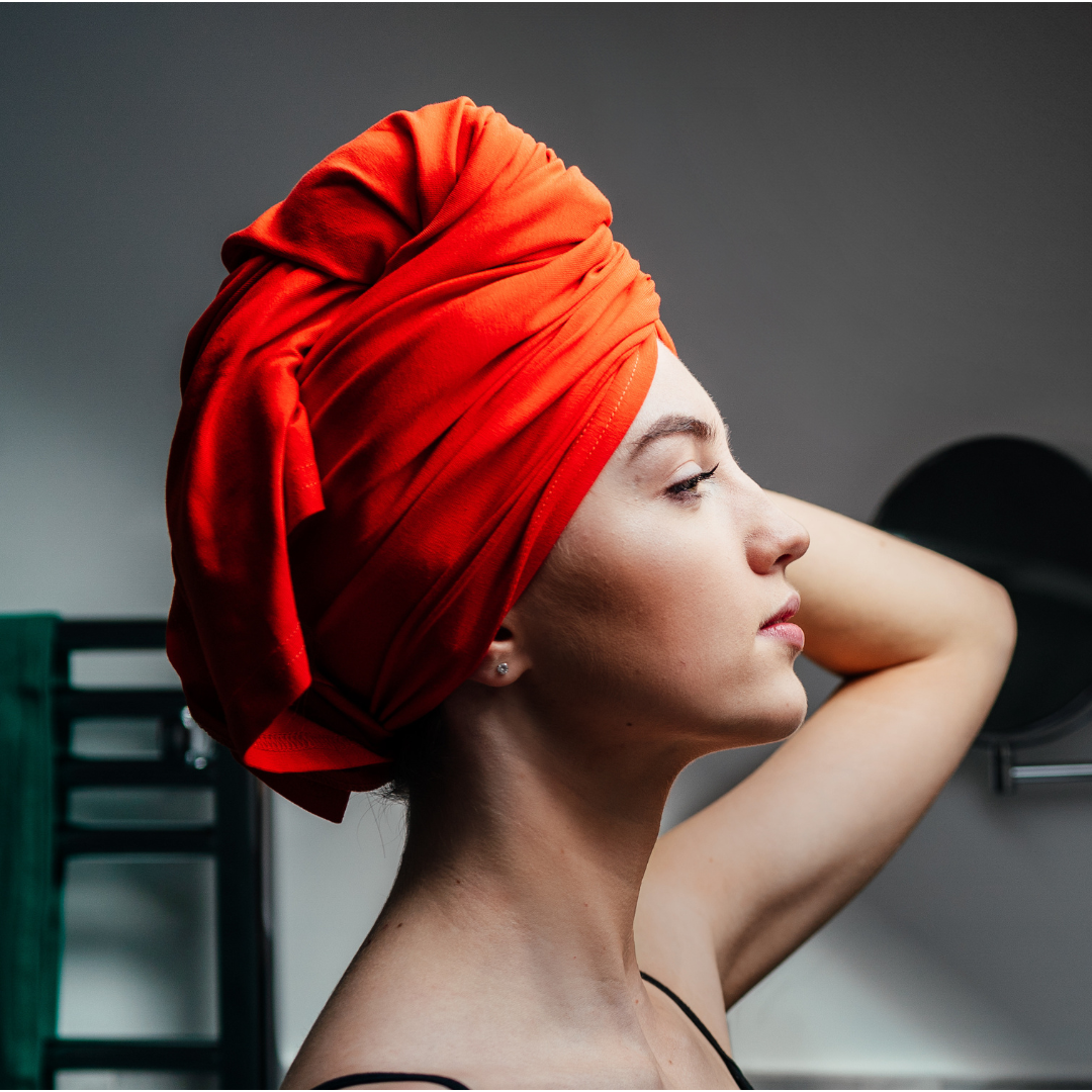 XL organic jersey cotton hair towel in Clementine, designed for very long hair