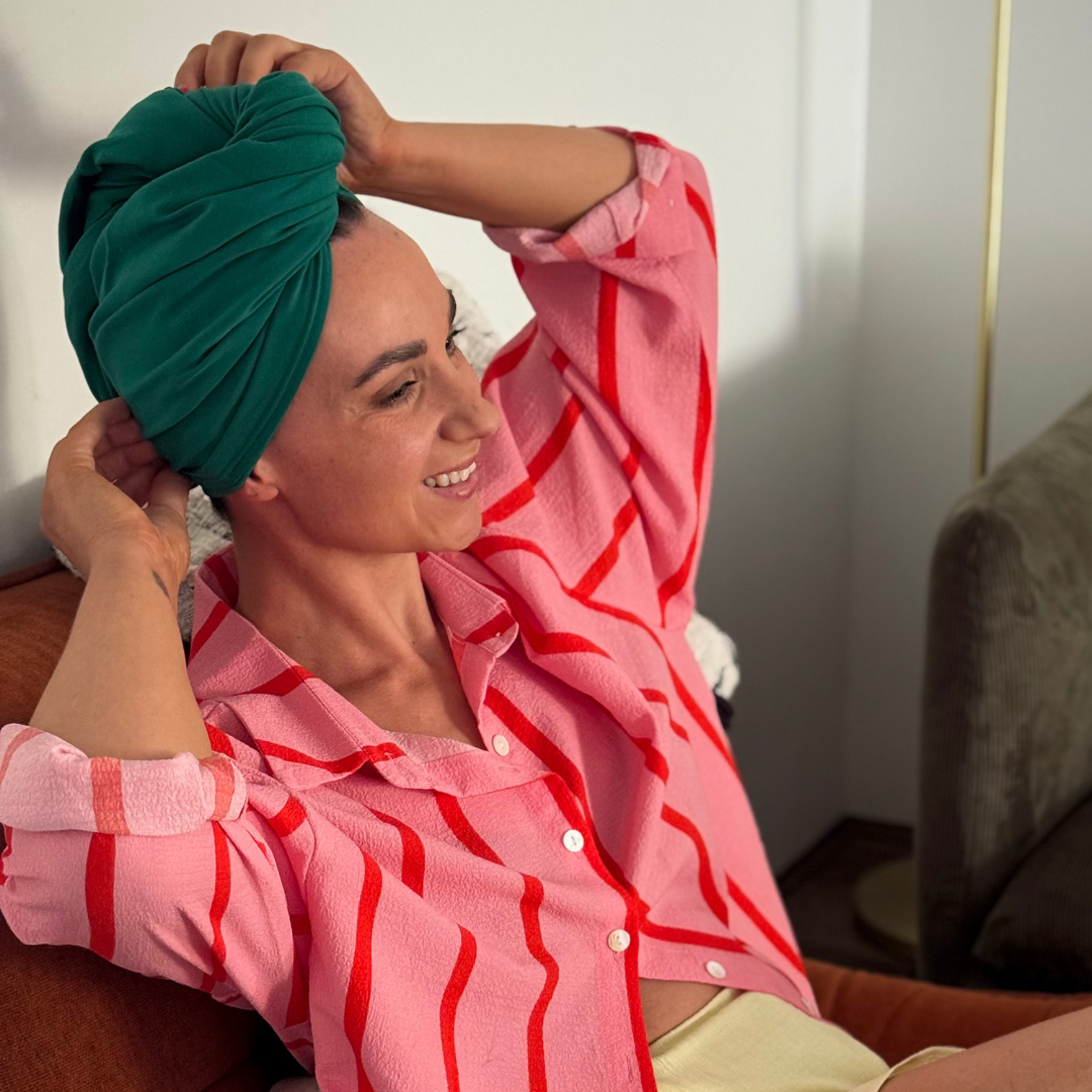 Organic jersey cotton hair towel in holly