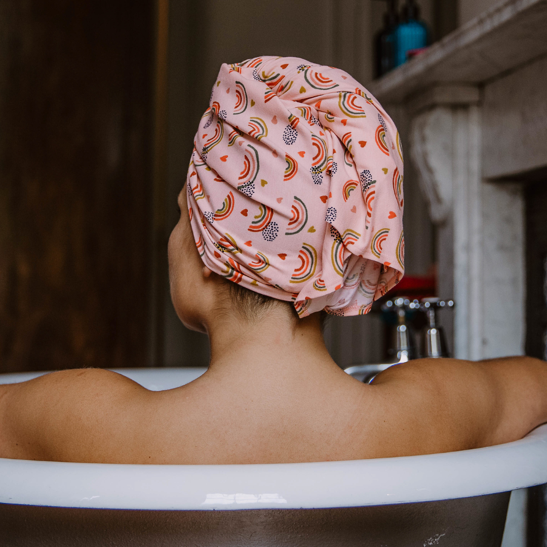 Organic jersey cotton hair towel in Pink Rainbows