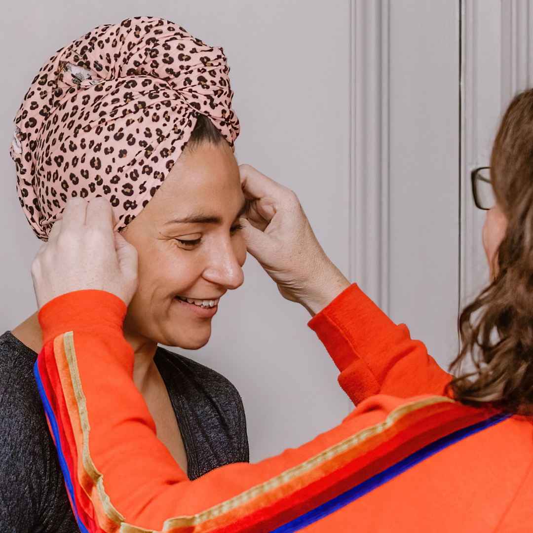 Organic jersey cotton hair towel in Pink Leopard Print