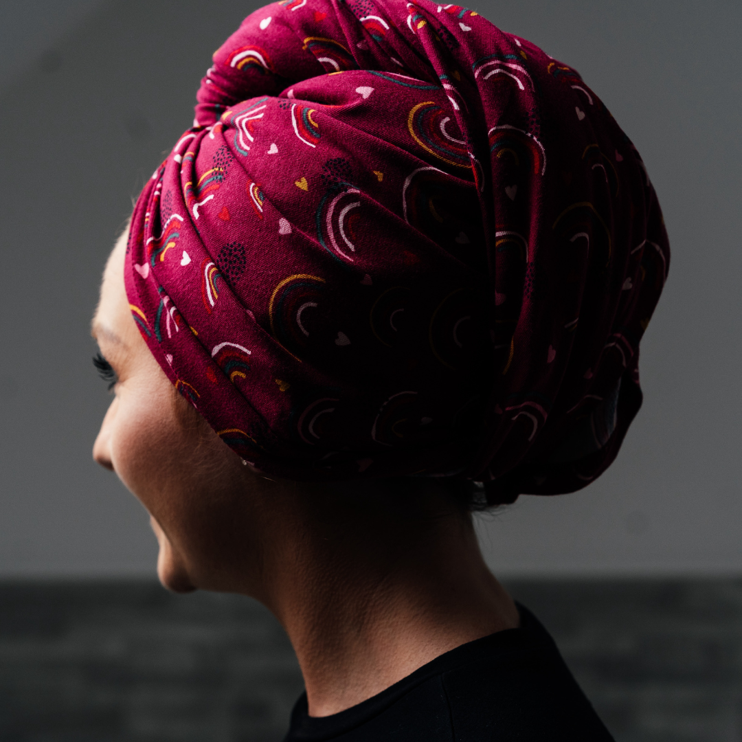 Organic jersey cotton hair towel in Plum Rainbows