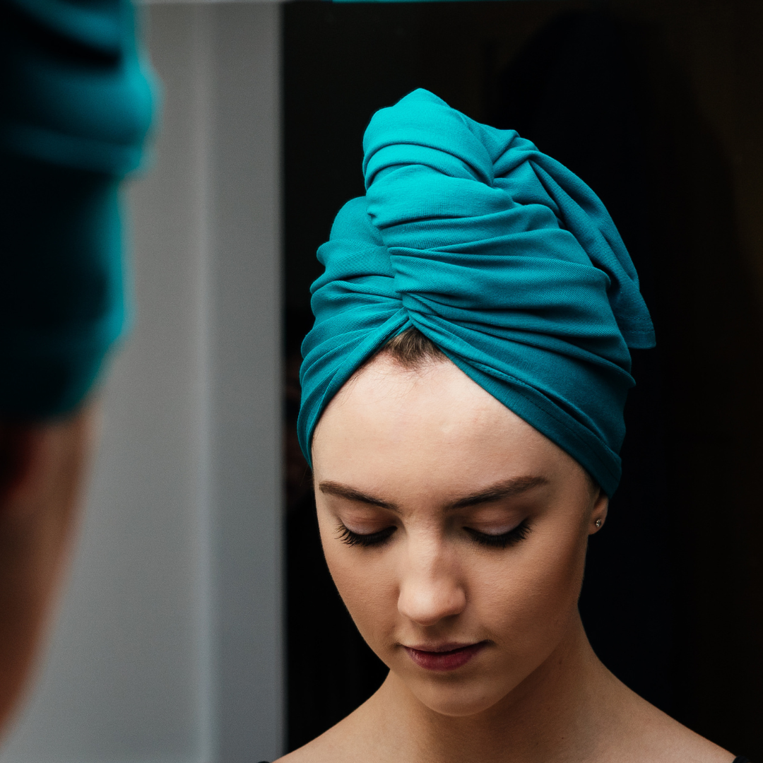 XL organic jersey cotton hair towel in Teal, designed for very long hair