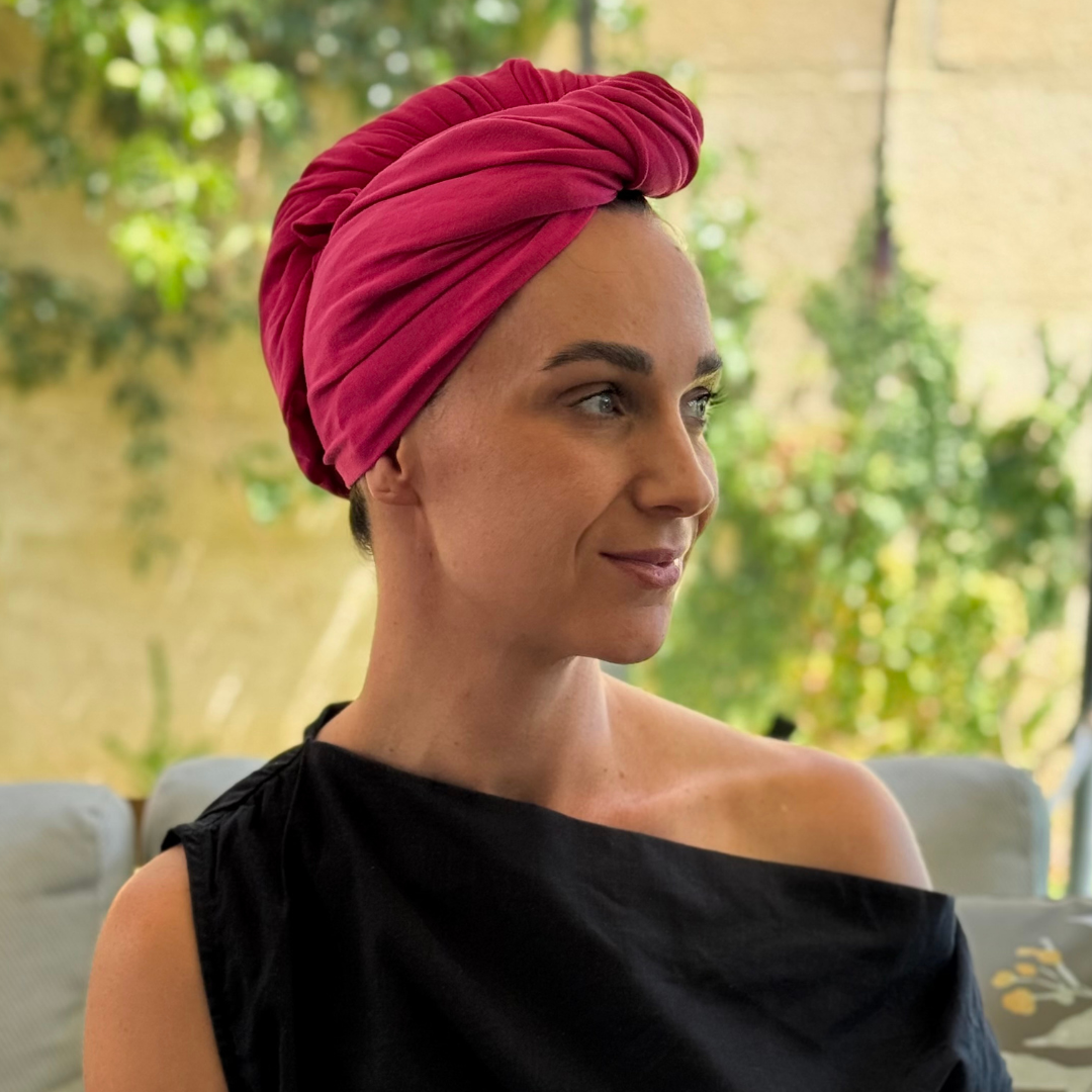 XL organic jersey cotton hair towel in Hot Pink, designed for very long hair