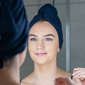 XL organic jersey cotton hair towel in Navy, designed for very long hair