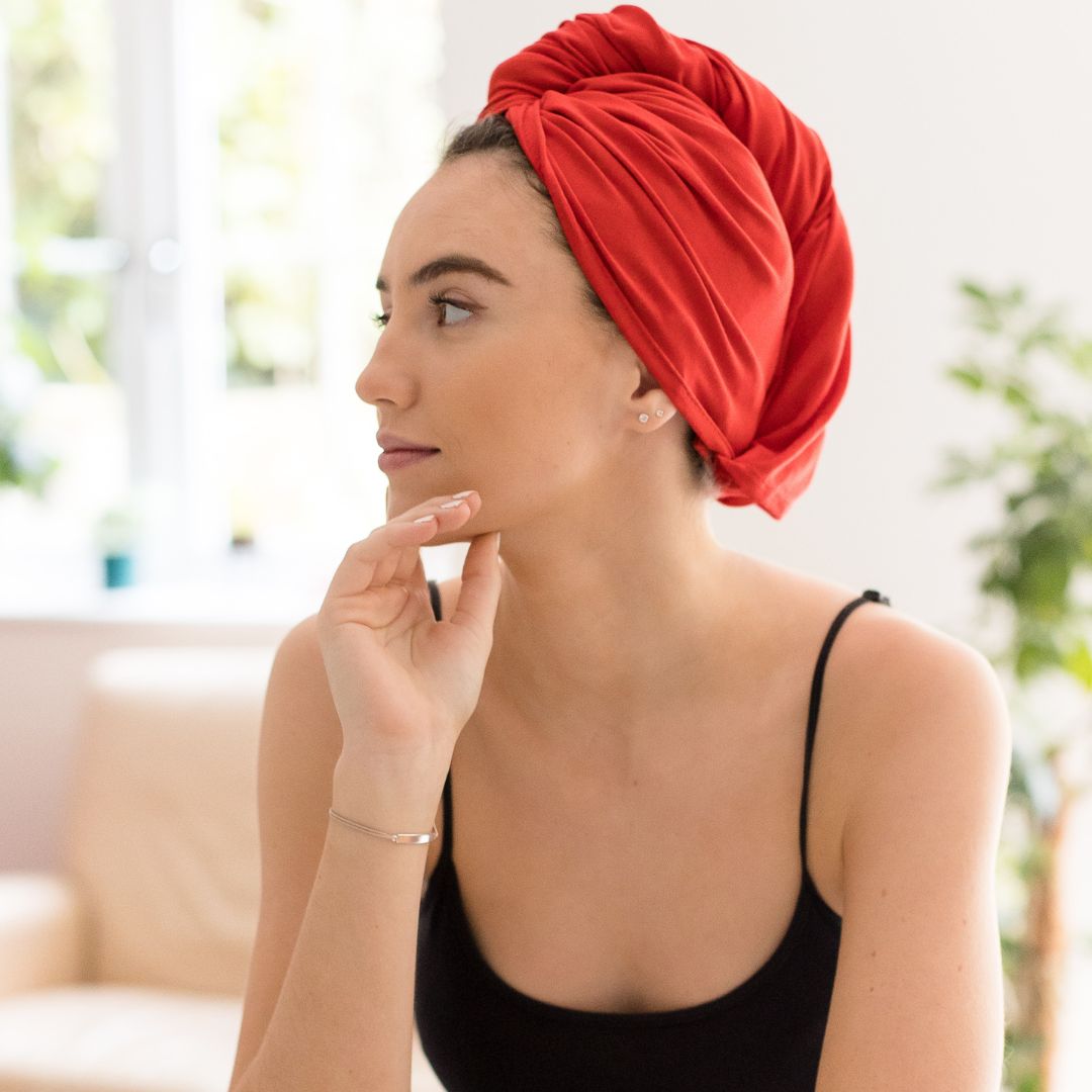 Woman wearing a red hair wrap - Good Wash Day