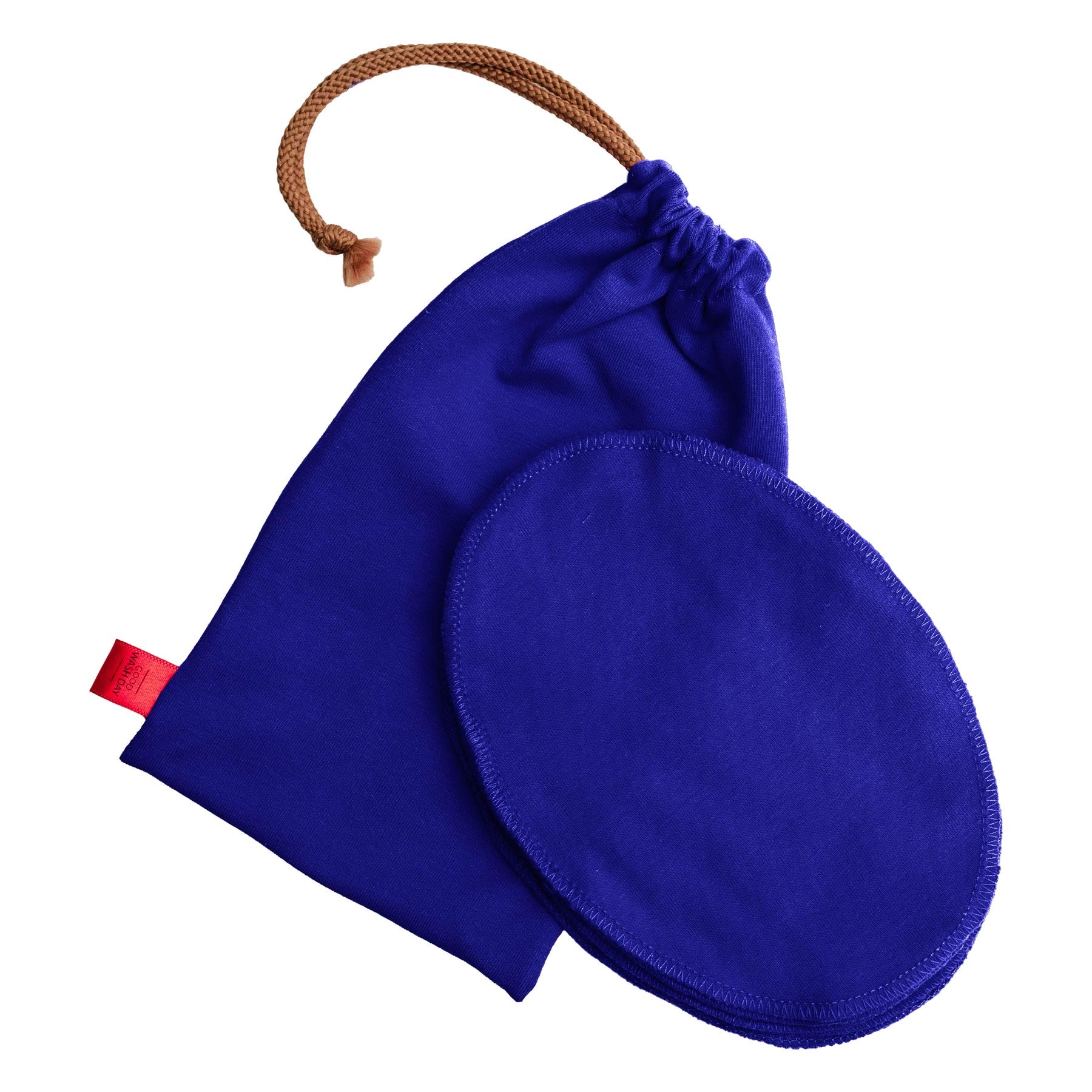 Reusable organic jersey cotton face cloths with matching drawstring wash bag in cobalt