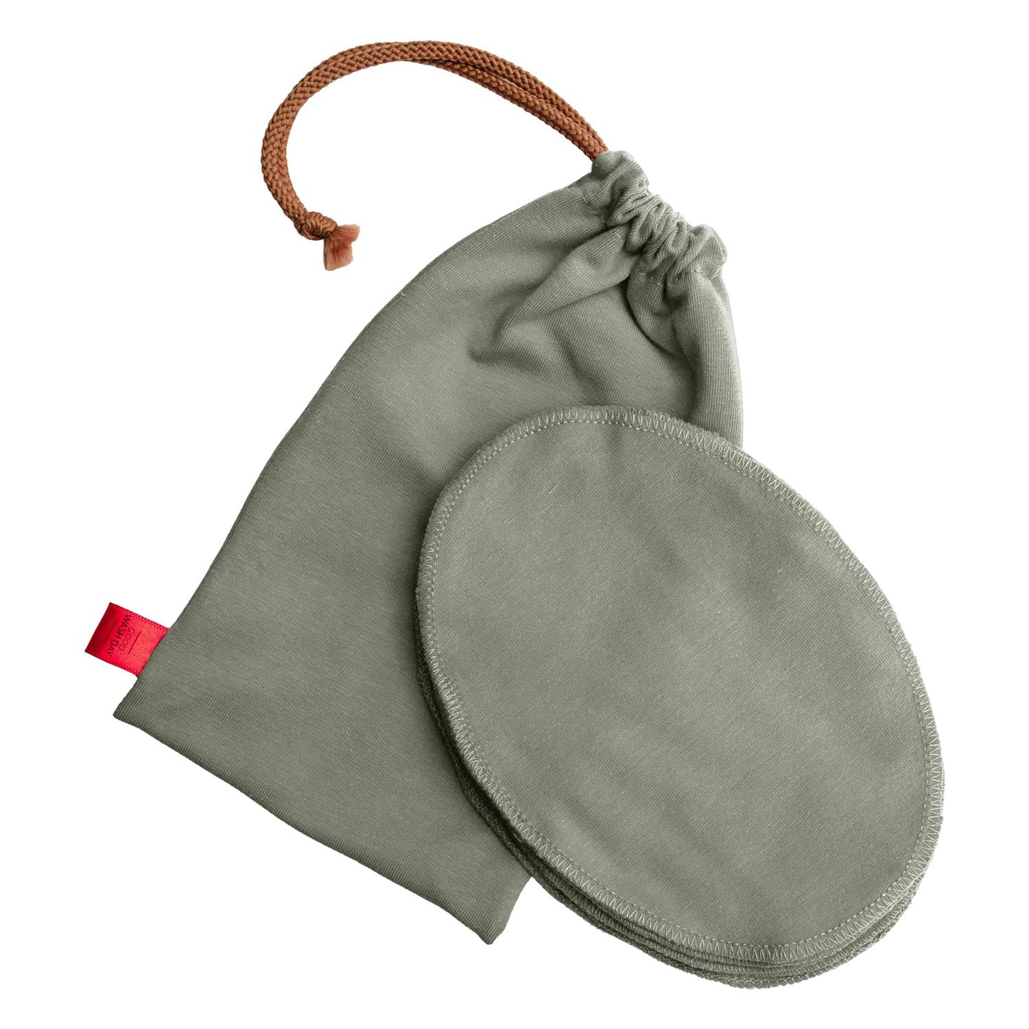 Reusable organic jersey cotton face cloths with matching drawstring wash bag in pastel green
