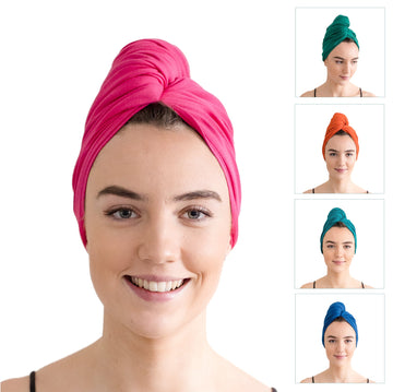 A woman wearing a pink, organic cotton headwrap called "The Jewels" by Good Wash Day with four smaller images showing the headwrap in different colors.
