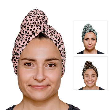 A woman smiling with a pink leopard-print headwrap, handmade from organic cotton towel material, and insets showing alternative patterns of The Leopard Prints from Good Wash Day.